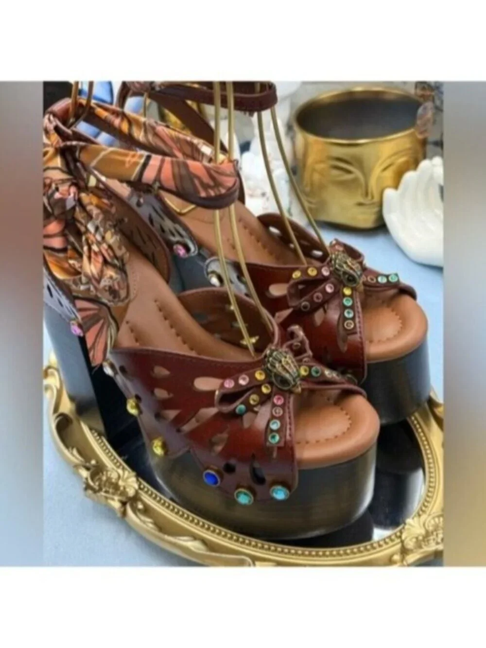 🆕 KURT GEIGER LONDON 🧿 NWOB Butterfly Platform Ankle Strap Sandal, Sz 37 US 7